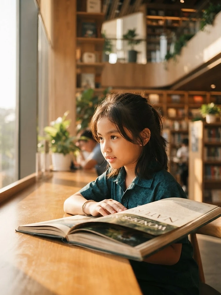 A confident young student reading in soft morning light