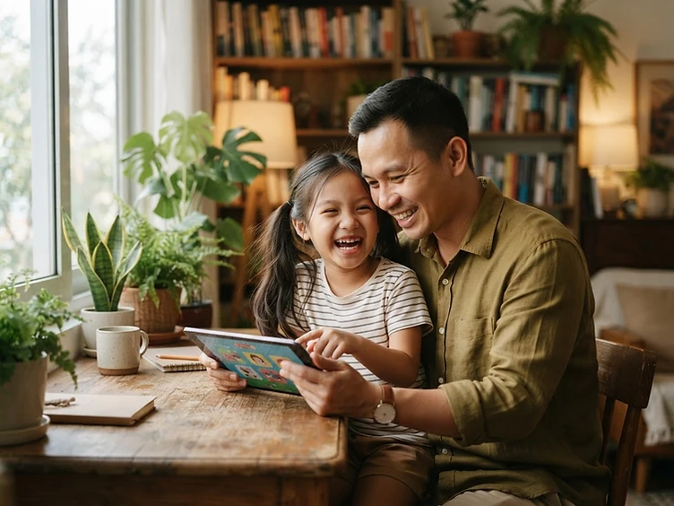 A parent and child sharing a joyful moment over a tablet