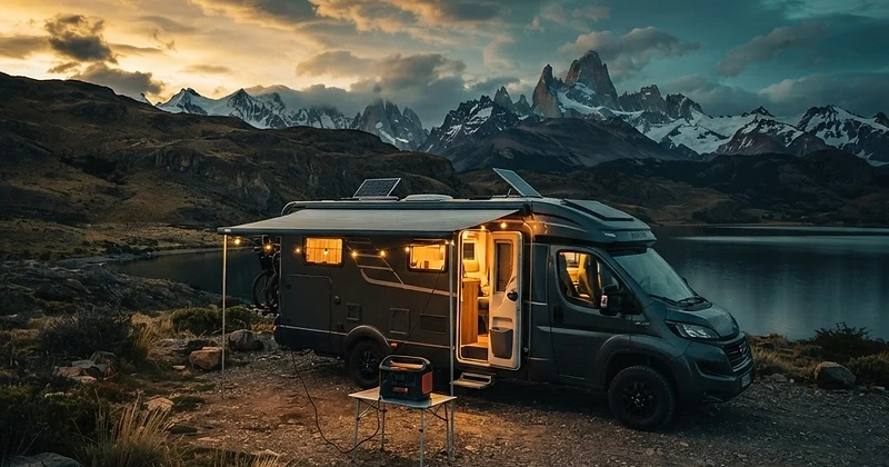 Motorhome en un campamento patagónico al atardecer con su estación de carga portátil