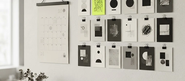 A wall calendar and a grid of content cards representing content planning