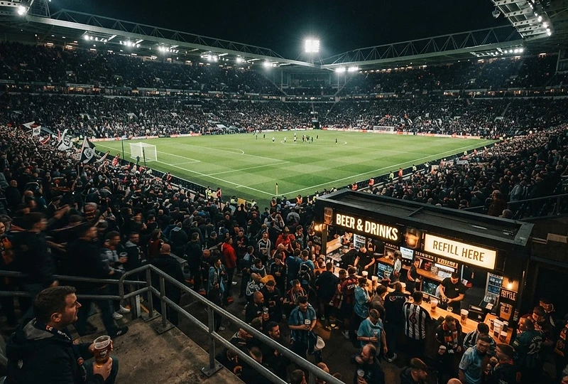 Modern sports stadium concourse under floodlights at night
