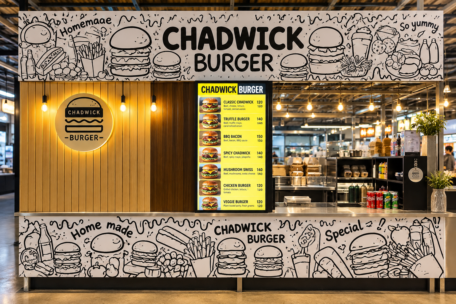 Chadwick Burger kiosk at night