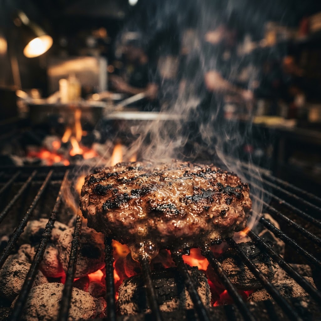 Raw burger ingredients on steel