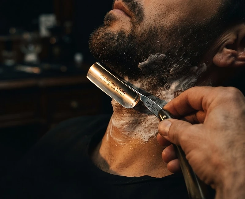 Straight razor catching amber light — Wicked VIP Mobile Barber London