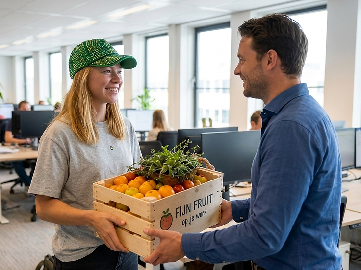 Fien levert persoonlijk een krat Fijn Fruit aan op het werk