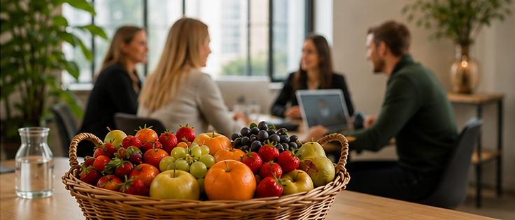Fruitmand op het kantoor — collega's genieten van vers fruit op het werk