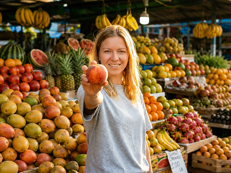 Fien op de fruitmarkt met een perzik in haar hand