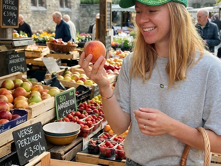 Fien van Fijn Fruit aan haar marktkraam De Fruithoeve