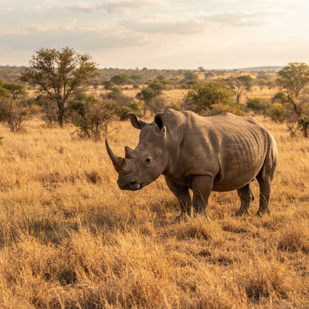 A white rhinoceros in the grasslands of Kruger National Park, South Africa