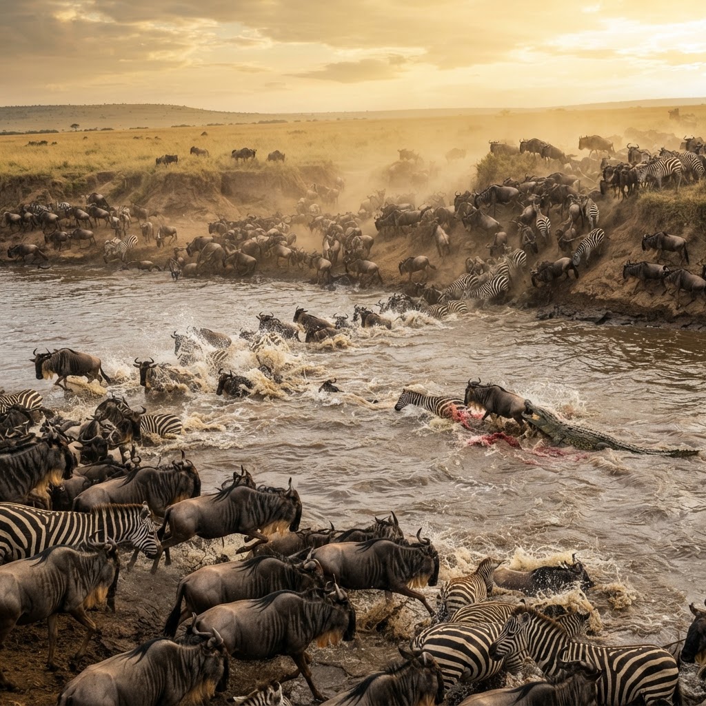 Wildebeest and zebra crossing the Mara River during the Great Migration, Serengeti, Tanzania