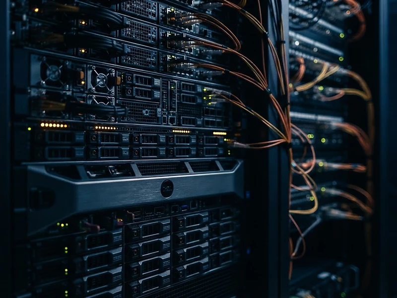 Enterprise server rack at night with amber status lights