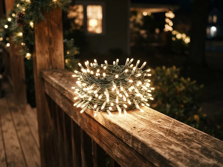 A neat bundle of warm white holiday string lights on a porch in Michigan.
