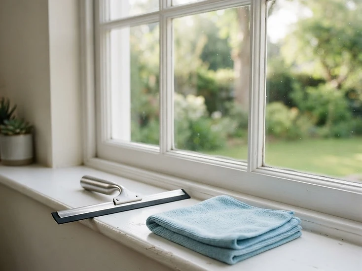 A squeegee and microfiber cloth on a windowsill beside a clean window in a Michigan home.