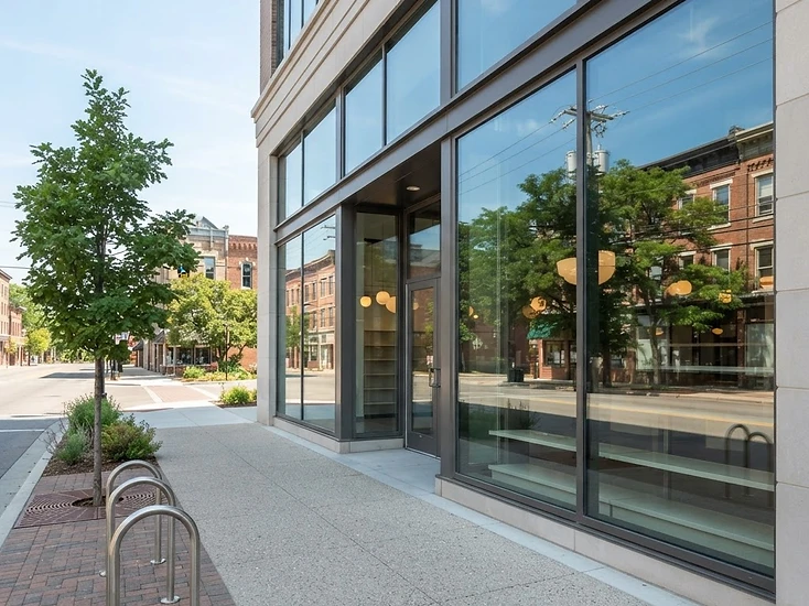 A modern glass storefront with clean windows, illustrating commercial window cleaning in Plymouth, Michigan.