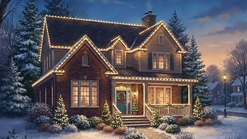 A two-story home with holiday lights, illustrating holiday lighting in Brighton, Michigan.