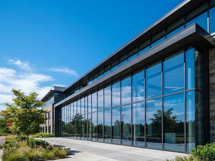 A modern office building with clean glass windows, illustrating commercial window cleaning in Plymouth, Michigan.
