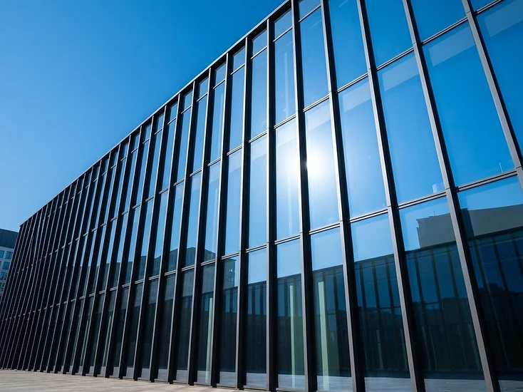 A long row of clean commercial glass windows reflecting the sky in Michigan.