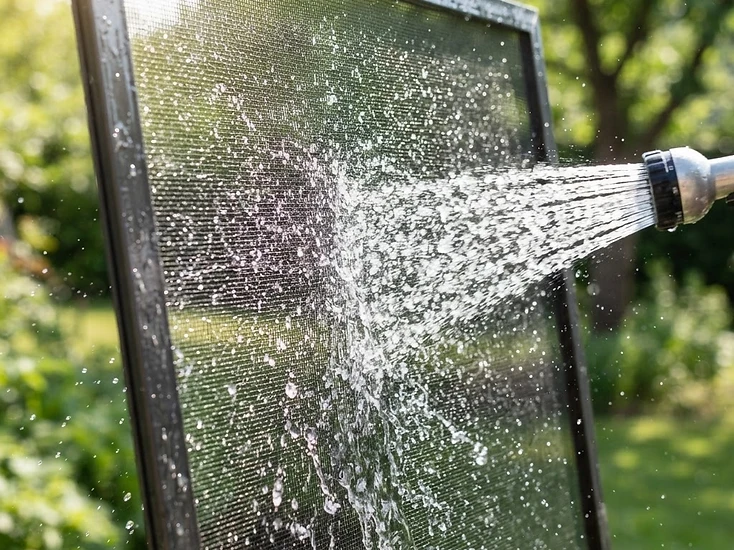 A clean window screen being rinsed with water in a Michigan home.