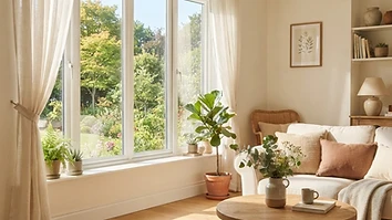 Clean windows with autumn light, illustrating residential window cleaning in Plymouth, Michigan.