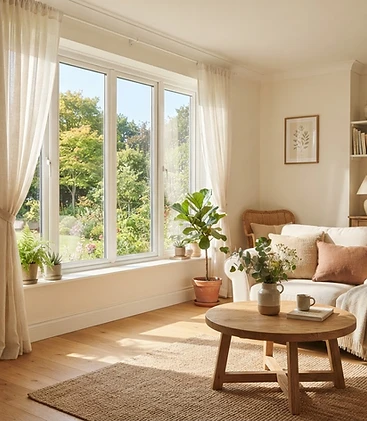 Sunlight through clean living room windows, illustrating residential window cleaning in Northville, Michigan.