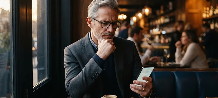 Man van in de vijftig kijkt nadenkend naar zijn telefoon