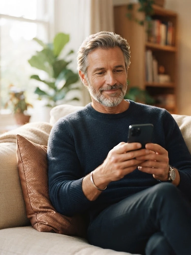 Man kijkt nadenkend naar zijn datingprofiel op zijn telefoon