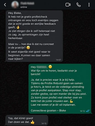 WhatsApp-gesprek met een reactie op de gratis profielcheck