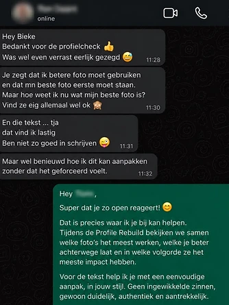 WhatsApp-gesprek met een reactie op de gratis profielcheck