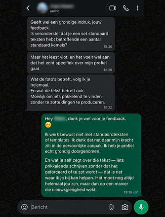 WhatsApp-gesprek met een reactie op de gratis profielcheck