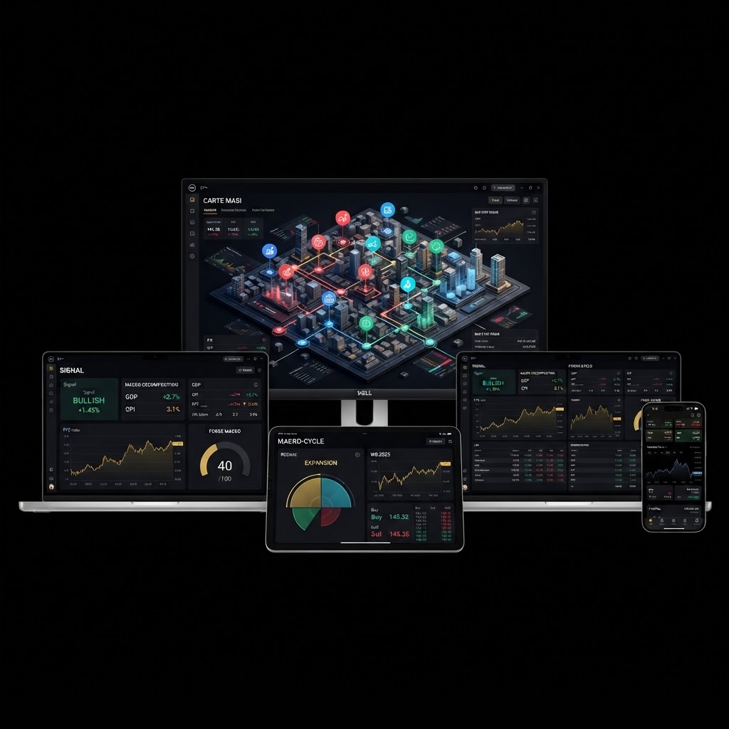 MasiWatch trading terminal across desktop, laptop, tablet, and mobile devices