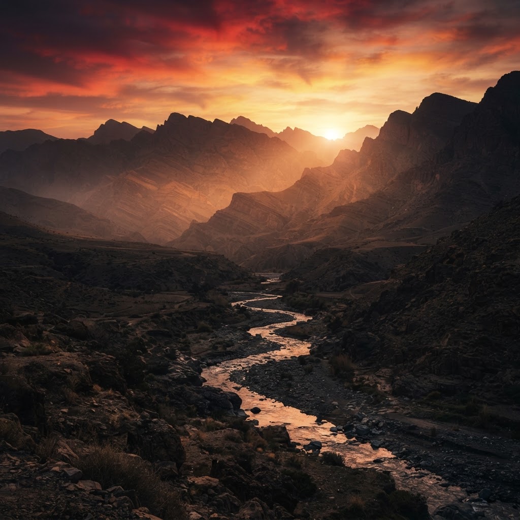 Atlas Mountains at golden hour sunset — rugged ridges under a glowing red-orange sky — Morocco