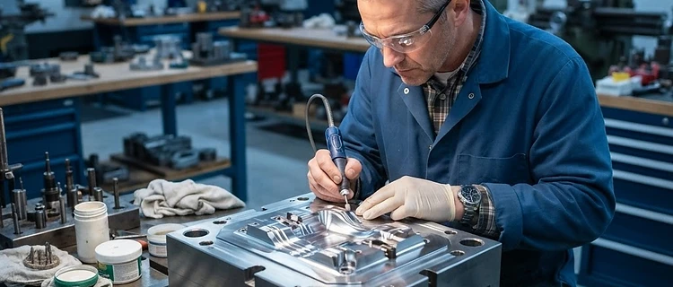 Toolmaker finishing a precision injection mold
