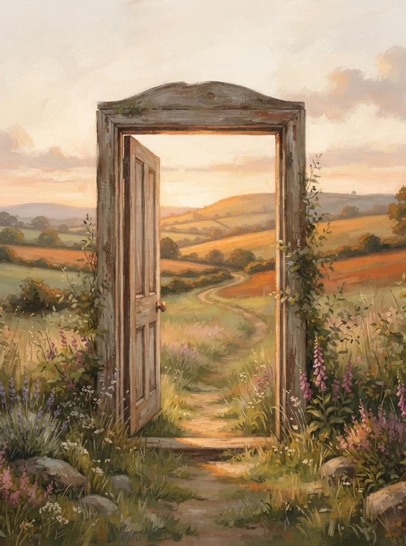 An open doorway with a path leading toward warm golden hills