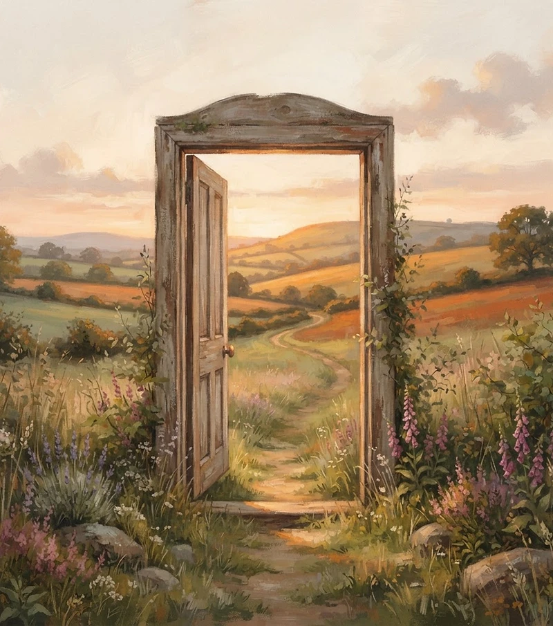 An open doorway with a path leading toward warm golden hills