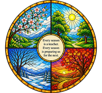 Stained-glass illustration of the four seasons of life