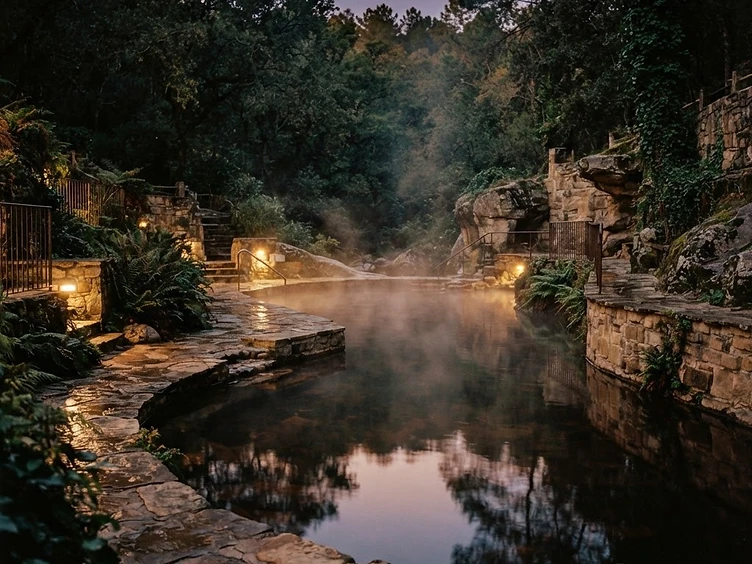 Steam rising from a still thermal pool at dusk