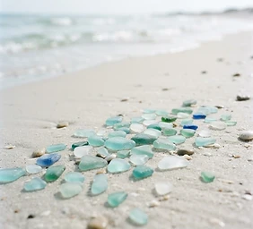 Close-up of smooth pale sea glass on sand
