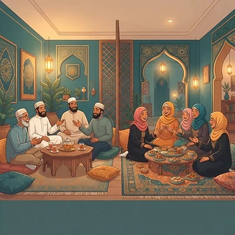 Muslim men and women socializing in separate groups at a community gathering
