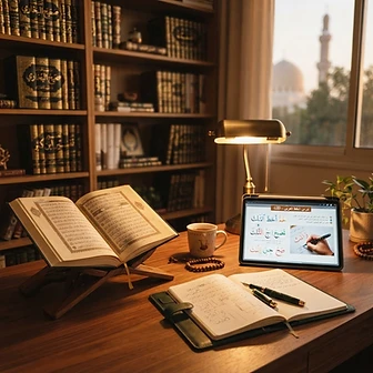 A serene Islamic study space with an open Quran and notebooks