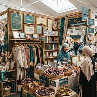 A vibrant halal marketplace stall with artisan goods