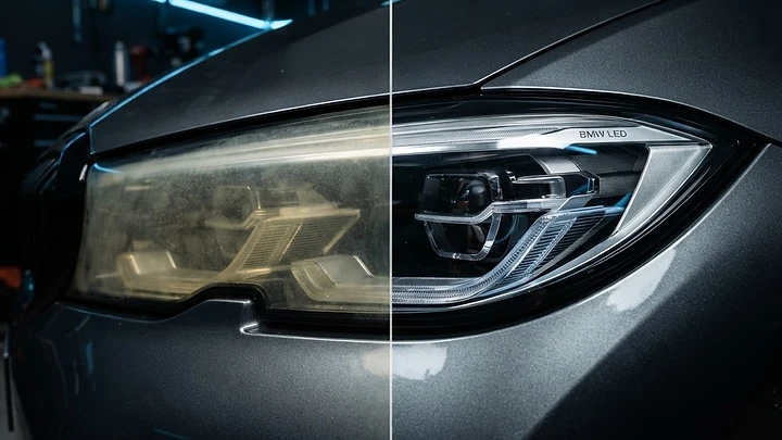 Car headlight lens shown cloudy and oxidized on one side and crystal clear after restoration on the other