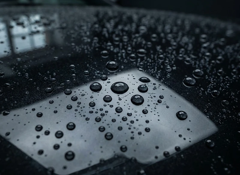 Water beading on deep-gloss paint after a hand wash and sealant