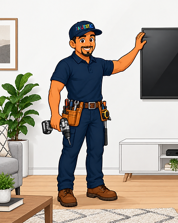 Majestic Handyman Services mascot standing beside a wall-mounted flat-screen TV, steadying the screen with one hand and holding a cordless drill