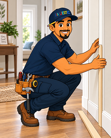 Majestic Handyman Services mascot kneeling in a doorway, pressing a length of wood casing against a white door frame with both hands, a pencil tucked behind his ear