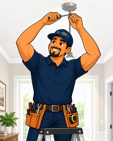 Majestic Handyman Services mascot on a stepladder reaching overhead to install a ceiling light fixture with a screwdriver