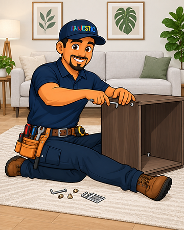 Majestic Handyman Services mascot kneeling on a living room rug, tightening a bolt on a half-built cabinet with an allen wrench