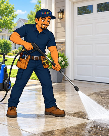 Majestic Handyman Services mascot standing outdoors in a braced stance, gripping a pressure washer wand with both hands and aiming the jet at a concrete driveway