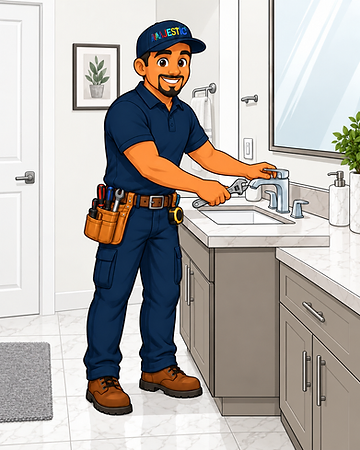 Majestic Handyman Services mascot kneeling beside a marble-top vanity, tightening a new chrome faucet with an adjustable wrench