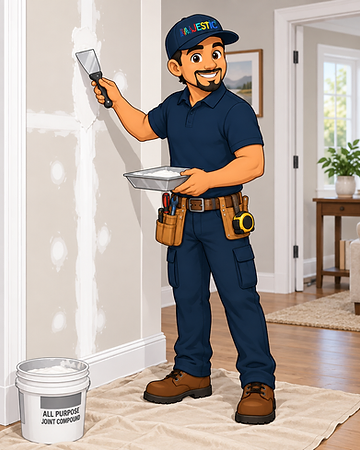 Majestic Handyman Services mascot standing before an interior wall, applying joint compound to a seam with a putty knife and mud pan