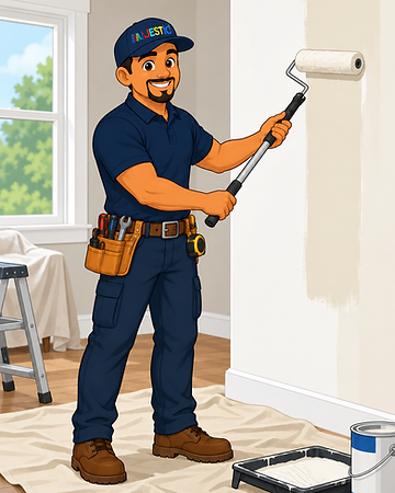 Majestic Handyman Services mascot standing on a drop cloth, rolling paint onto an interior wall with a long-handled paint roller